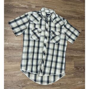 Wrangler western pearl snap short sleeve shirt S plaid gray blue